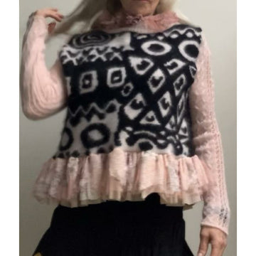 Repurposed Angora Mohair pullover cropped sweater in black, white and pinks. One size - Robin Boutique-Boutique    &.  Reloved Fabrics