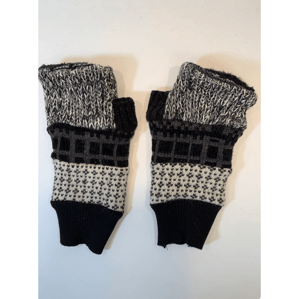 Black n white upcycled sweaters into fingerless patchwork gloves. Great for fun, school, texting, cashiers, wrist warmer,fingers free. - Robin Boutique-Boutique    &.  Reloved Fabrics