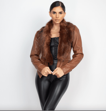 Faux leather short jacket with fur collar