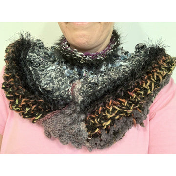 4. Black and Grey handknit neck scarf with popcorns in sampling stitches and yarns