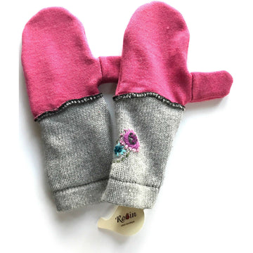 New and Upcycled Recycled Lined Embroidered sweater mitten gloves in pink and gray. Warm and cuddly. - Robin Boutique-Boutique    &.  Reloved Fabrics