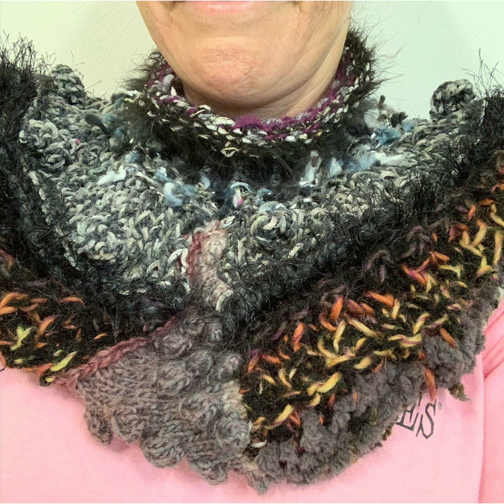 Hand knit in one piece soft infinity shoulder wrap adornment with multiple stitch and color textures. Winter scarf. - Robin Boutique-Boutique    &.  Reloved Fabrics