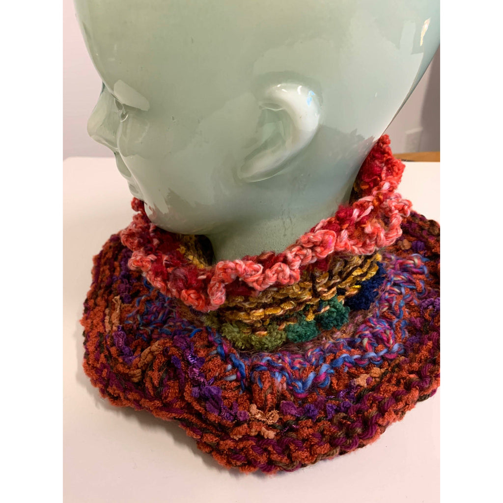 Hand knit in one piece soft infinity scarf adornment with multiple stitch and color textures. Winter scarf. - Robin Boutique-Boutique    &.  Reloved Fabrics