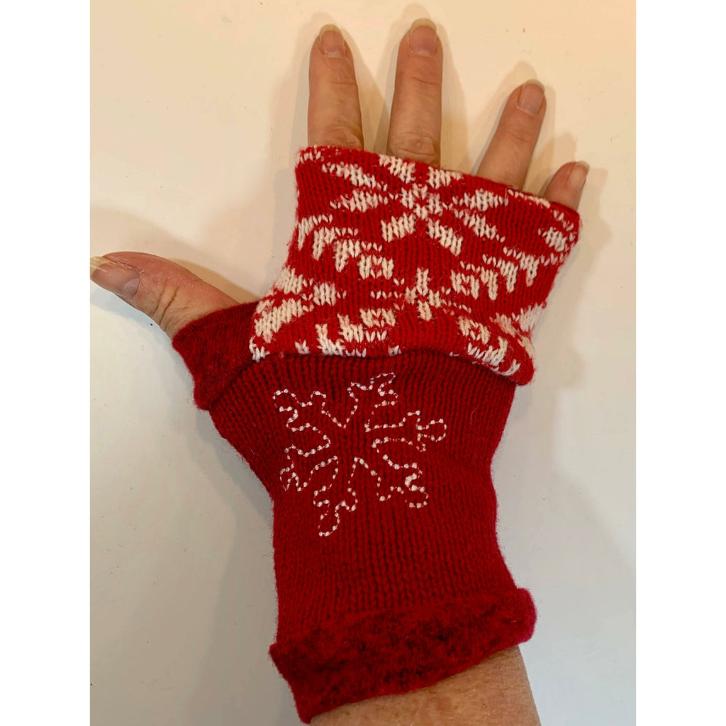 Recycled Scandinavian pattern sweater fingerless gloves in reds with embroidered snowflake. Wear for fun, school, cashiers, fingers free. - Robin Boutique-Boutique    &.  Reloved Fabrics