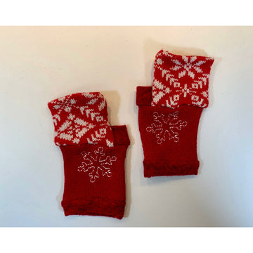 Recycled Scandinavian pattern sweater fingerless gloves in reds with embroidered snowflake. Wear for fun, school, cashiers, fingers free. - Robin Boutique-Boutique    &.  Reloved Fabrics