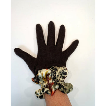 Dark brown full finger wool gloves with shirred satin animal cuffs. Toasty winter gloves stretch fit. Free Shipping - Robin Boutique-Boutique    &.  Reloved Fabrics